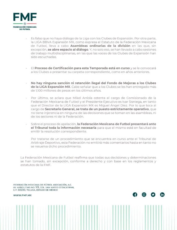 FMF Responde a Acusaciones de Dueños de Equipos en la Liga de Expansión 3 FMF Responde a Acusaciones de Dueños de Equipos en la Liga de Expansión