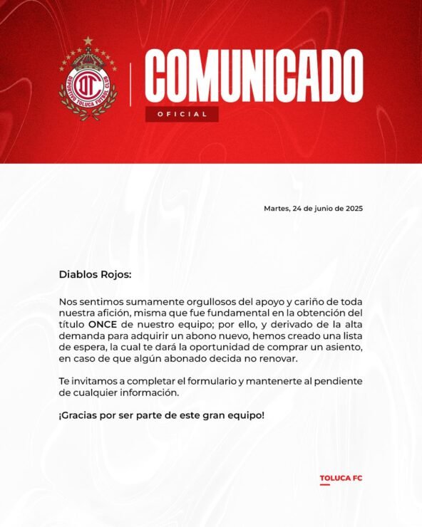 Liga MX: ¡Alta demanda! Toluca crea lista de espera para bonos tras el título de Liga 2 Toluca creará una lista de espera para sus bonos.