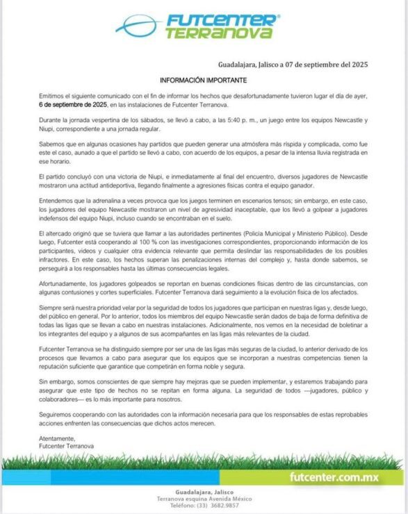 Comunicado de la empresa FutCenter 