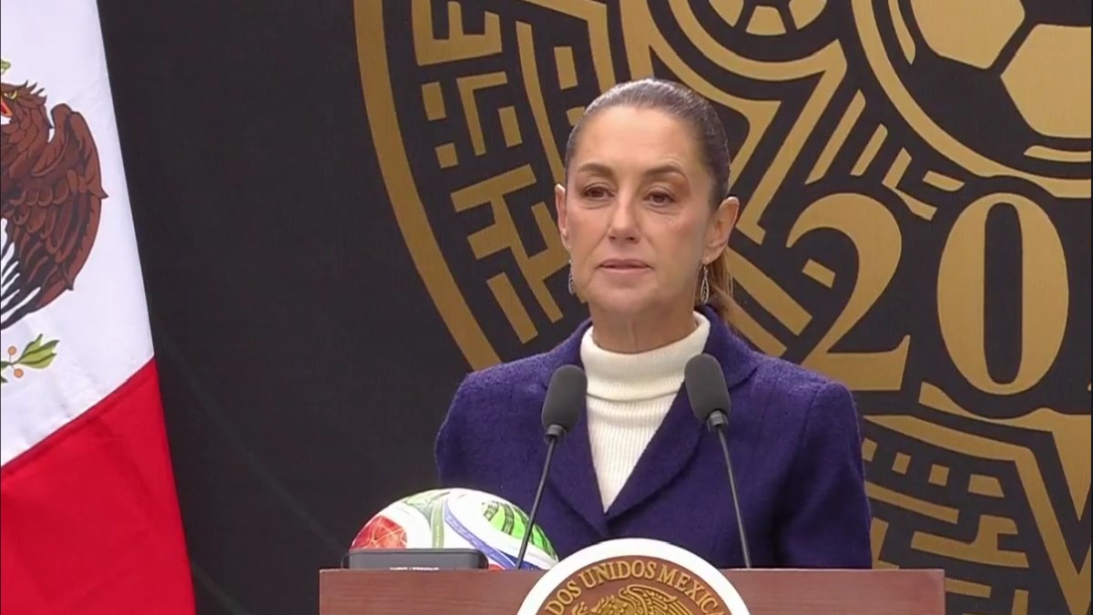 Claudia Sheinbaum presidenta de México durante la presentación del Mundial. 