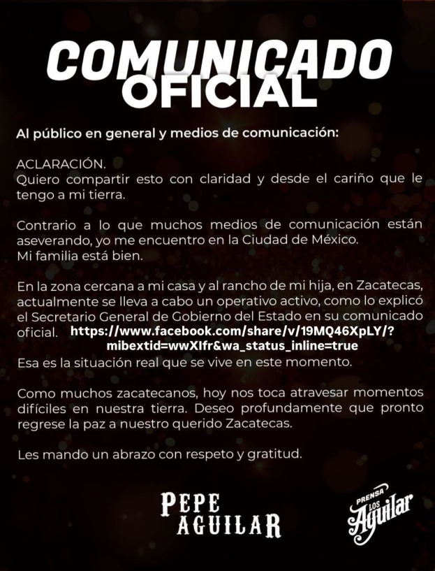 Pepe Aguilar desmiente atentado: "Mi familia y yo estamos bien"