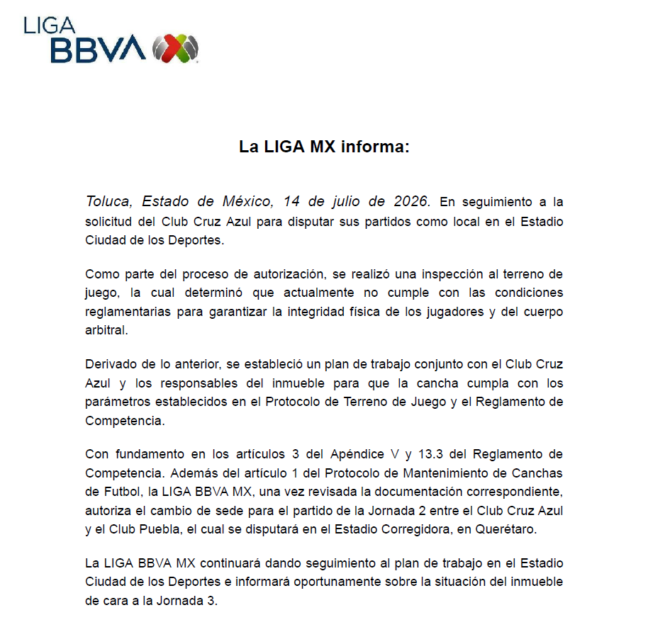 Comunicado Liga MX sobre Cruz Azul
