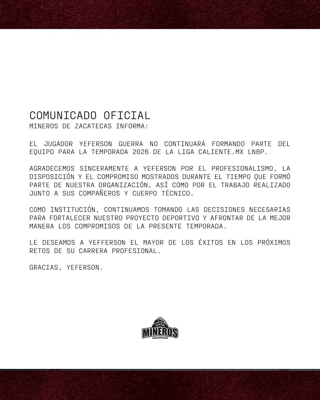 Yeferrson Guerra fuera de los Mineros de Zacatecas 