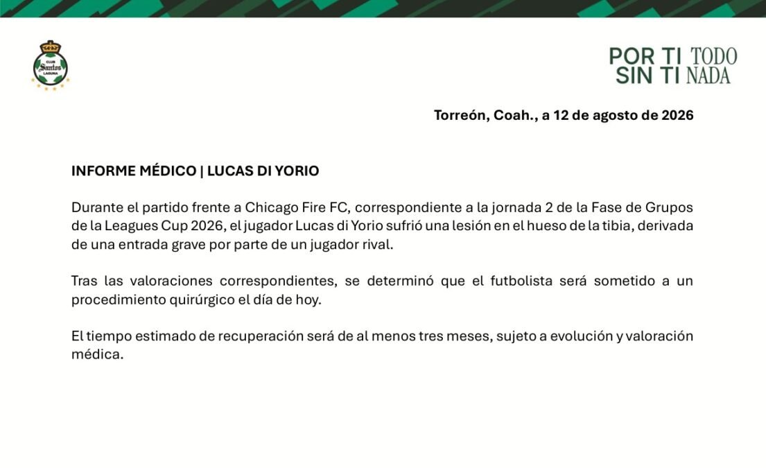 Informe medico oficial de Santos Laguna sobre Lucas Di Yorio