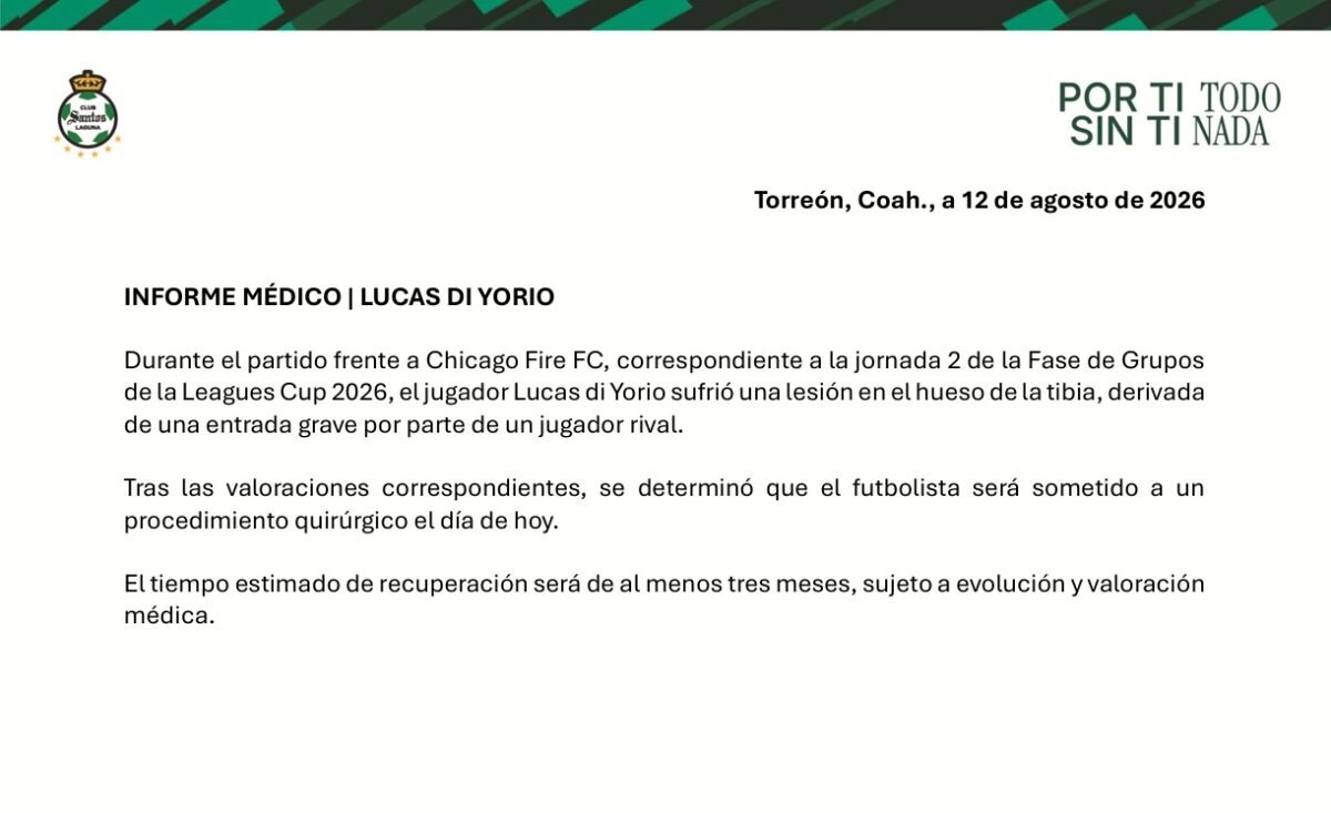 Informe medico oficial de Santos Laguna sobre Lucas Di Yorio