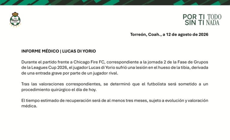 Informe medico oficial de Santos Laguna sobre Lucas Di Yorio