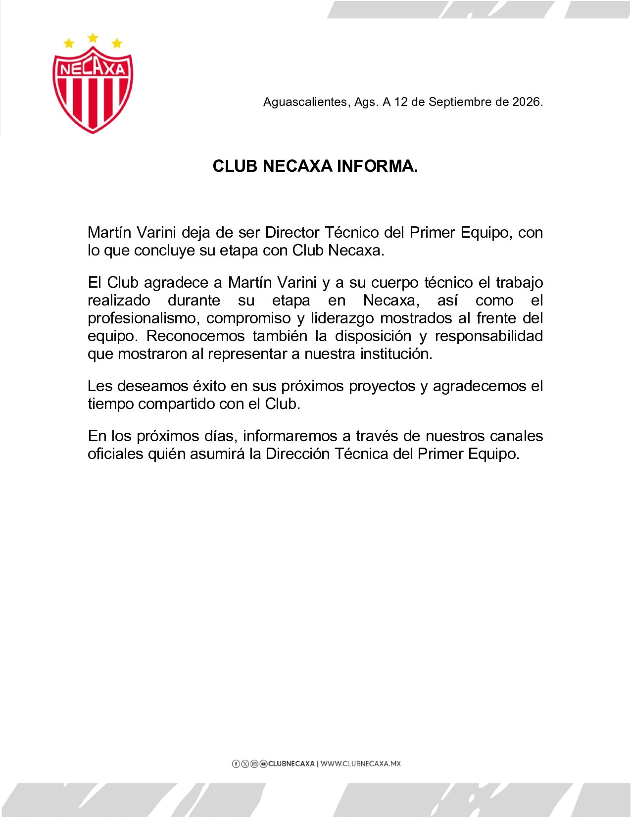 Comunicado oficial de Club Necaxa sobre la salida de Martín Varini