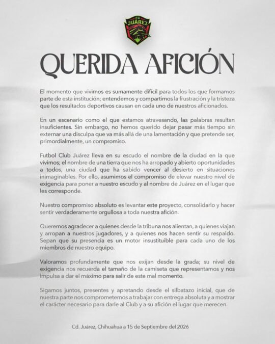 FC Juárez se disculpa públicamente con su afición tras el peor inicio de temporada en la historia del futbol mexicano