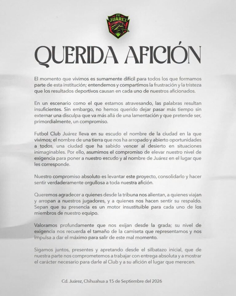 FC Juárez se disculpa públicamente con su afición tras el peor inicio de temporada en la historia del futbol mexicano