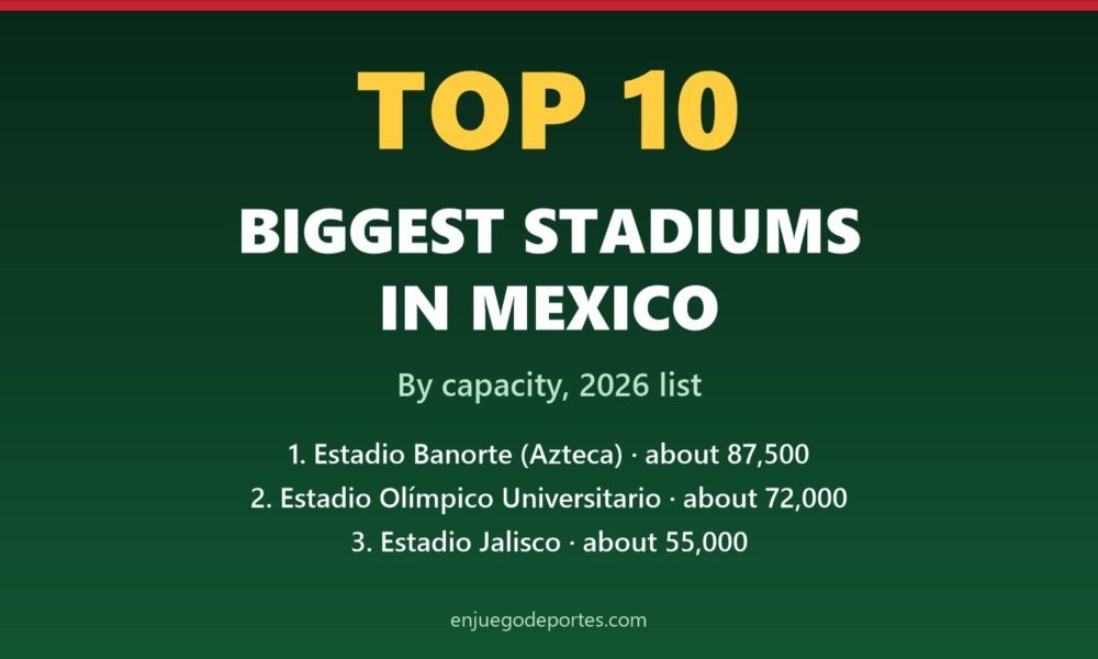 Top 10 biggest stadiums in Mexico by capacity: Estadio Banorte (Azteca), Estadio Olímpico Universitario and Estadio Jalisco