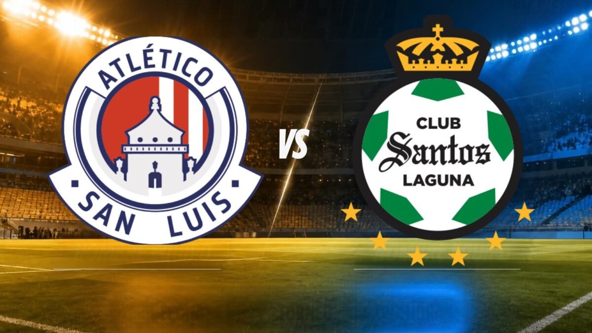 Escudos del Atlético de San Luis y de Santos Laguna frente a frente en un estadio, con la palabra VS al centro.