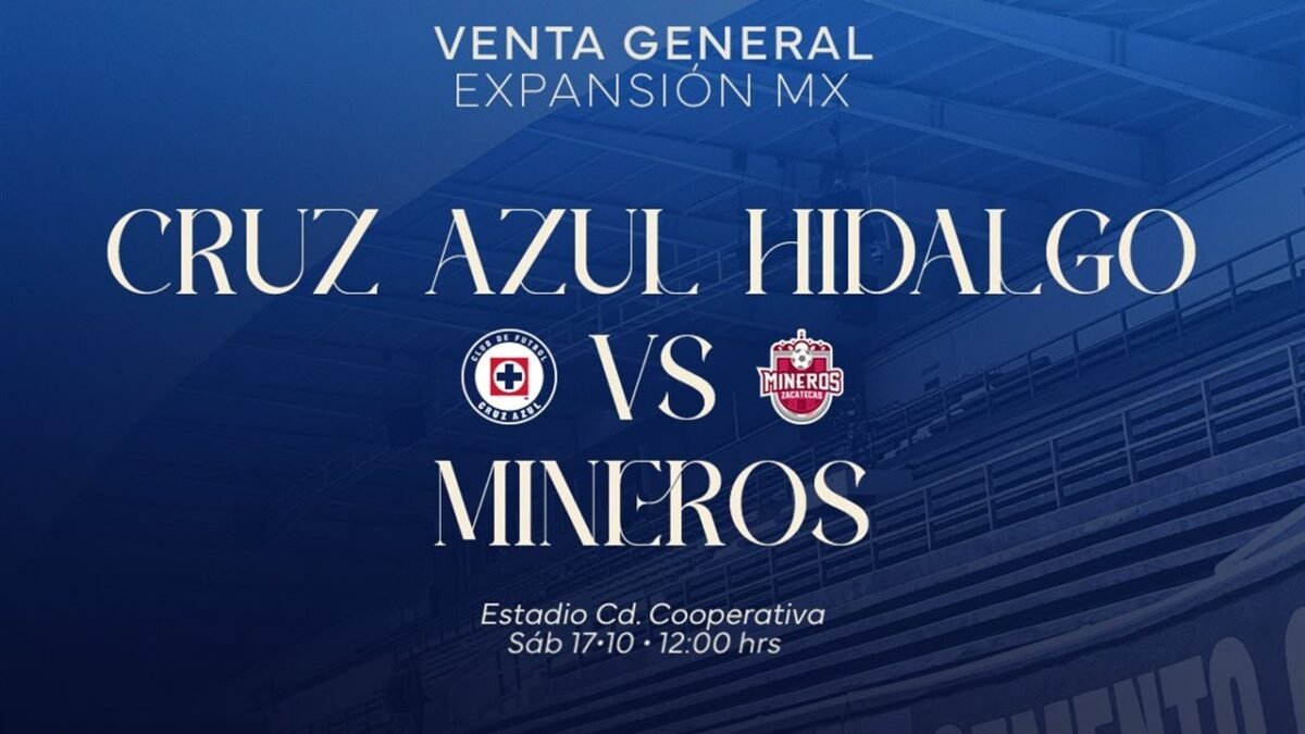 Boletos Cruz Azul Hidalgo vs Mineros: cartel con los escudos de Cruz Azul y Mineros de Zacatecas, el Estadio Ciudad Cooperativa y la fecha del partido.