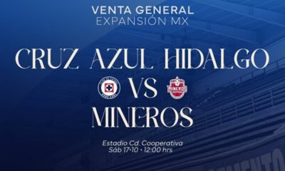 Boletos Cruz Azul Hidalgo vs Mineros: cartel con los escudos de Cruz Azul y Mineros de Zacatecas, el Estadio Ciudad Cooperativa y la fecha del partido.