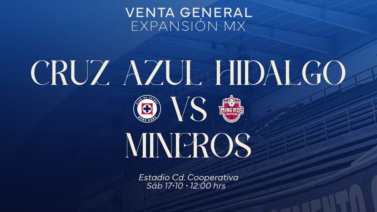 Boletos Cruz Azul Hidalgo vs Mineros: cartel con los escudos de Cruz Azul y Mineros de Zacatecas, el Estadio Ciudad Cooperativa y la fecha del partido.