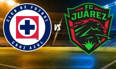 Boletos Cruz Azul vs Juárez: escudos de Cruz Azul y FC Juárez con la palabra VS sobre un estadio iluminado, para la Jornada 12 del Apertura 2026.