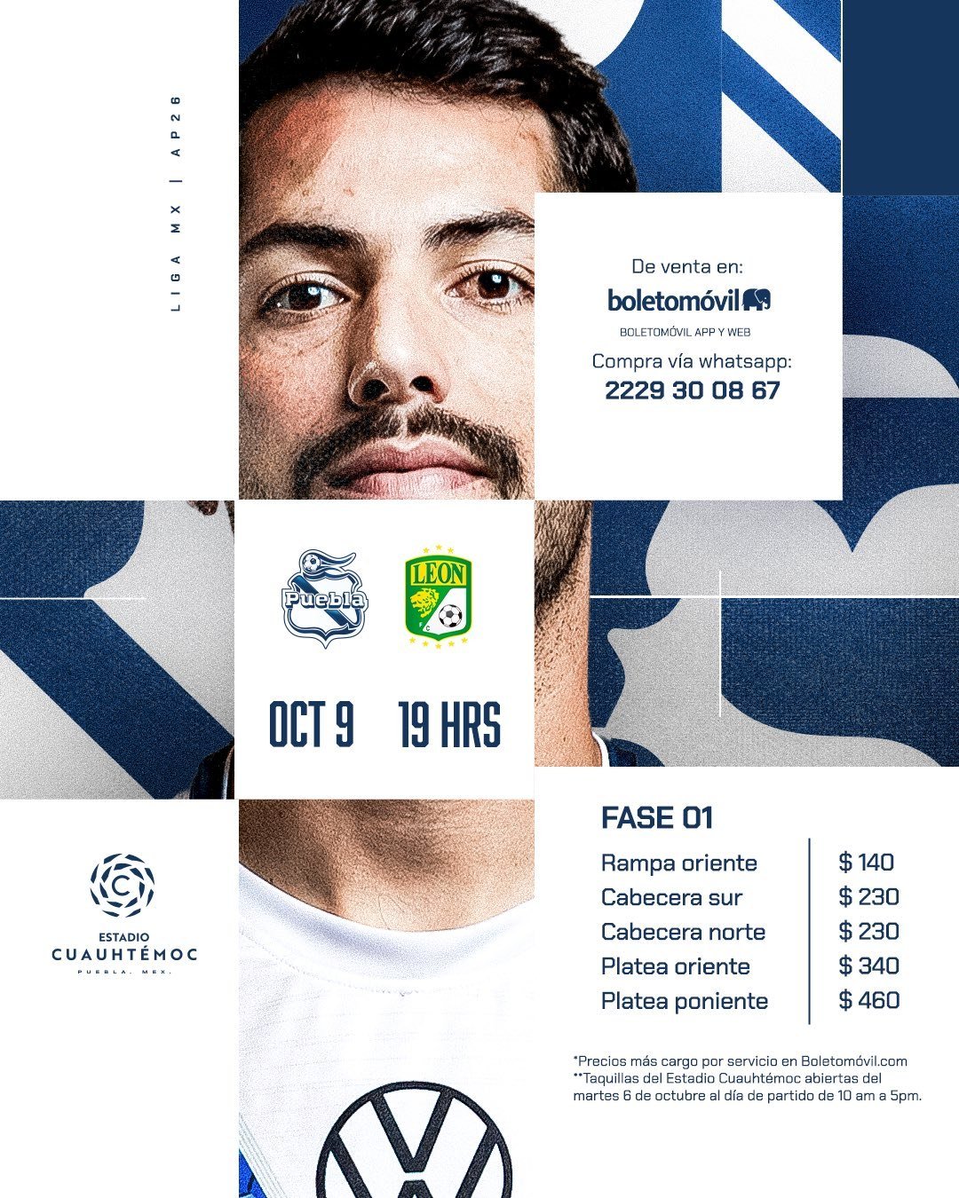 Cartel del Club Puebla con los precios de los boletos para el partido ante León y los datos de venta.