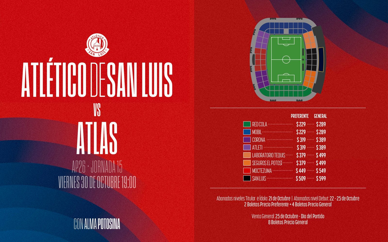 Cartel del Atlético de San Luis con los precios de los boletos para el partido ante Atlas y el mapa del estadio por zonas.