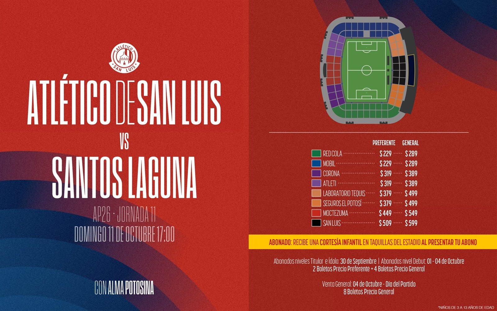 Cartel del Atlético de San Luis con los precios de los boletos para el partido ante Santos Laguna y el mapa del estadio por zonas.