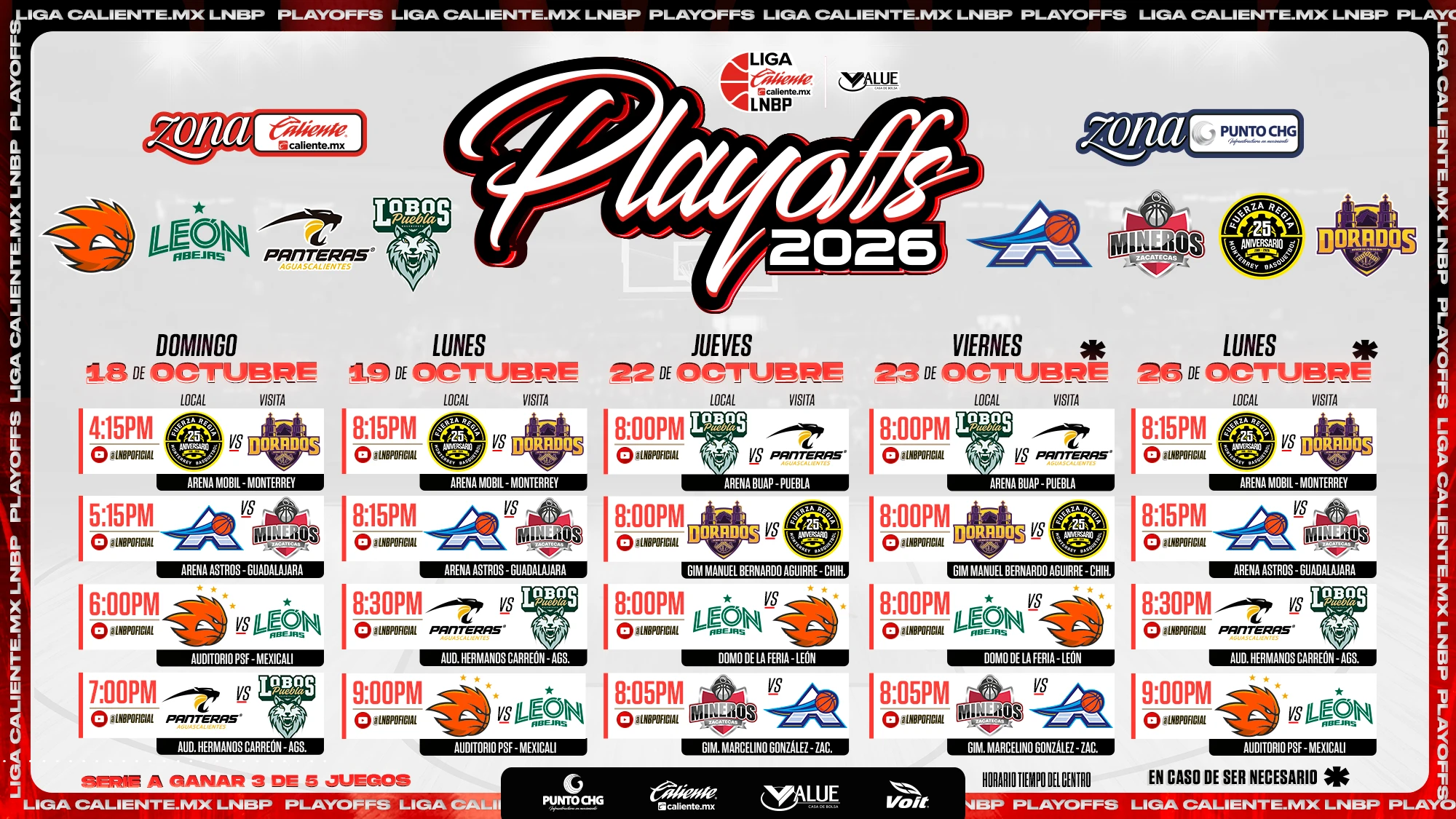 Calendario oficial de las semifinales de zona de los Playoffs 2026 de la LNBP, con las series Astros vs Mineros, Fuerza Regia vs Dorados, Soles vs León y Panteras vs Lobos Puebla
