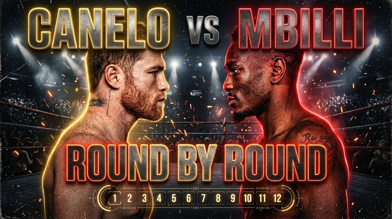 Gráfica de Canelo Álvarez y Christian Mbilli frente a frente con el texto Round by Round