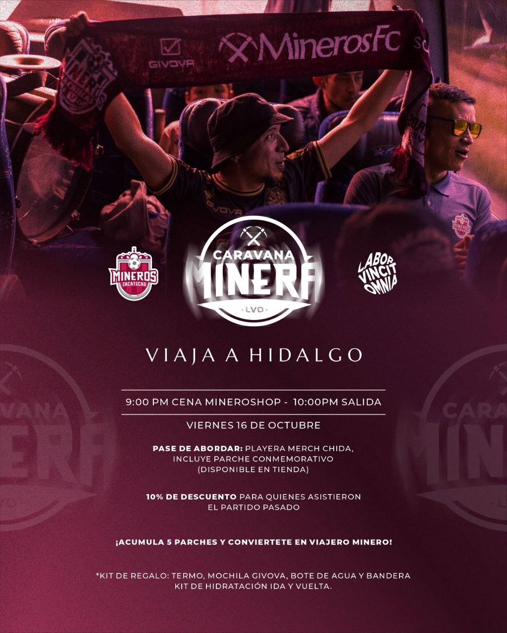 Cartel de la Caravana Minera de Mineros de Zacatecas: viaje a Hidalgo el viernes 16 de octubre, cena a las 9:00 p. m. en MineroShop y salida a las 10:00 p. m.