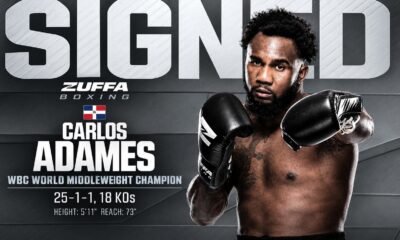 Carlos Adames, campeón mediano del CMB, con los guantes de Zuffa Boxing en el cartel oficial de su firma con la empresa.