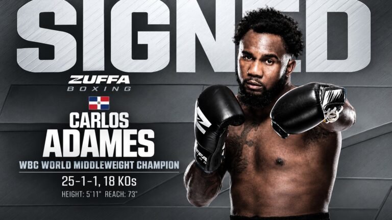 Carlos Adames, campeón mediano del CMB, con los guantes de Zuffa Boxing en el cartel oficial de su firma con la empresa.