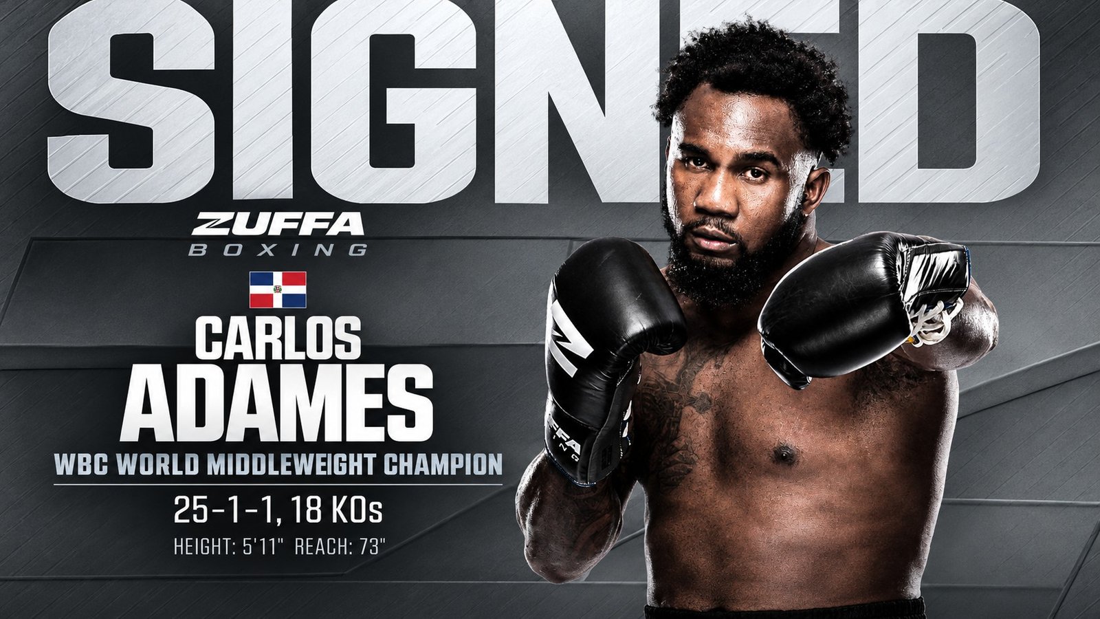 Carlos Adames, campeón mediano del CMB, con los guantes de Zuffa Boxing en el cartel oficial de su firma con la empresa.
