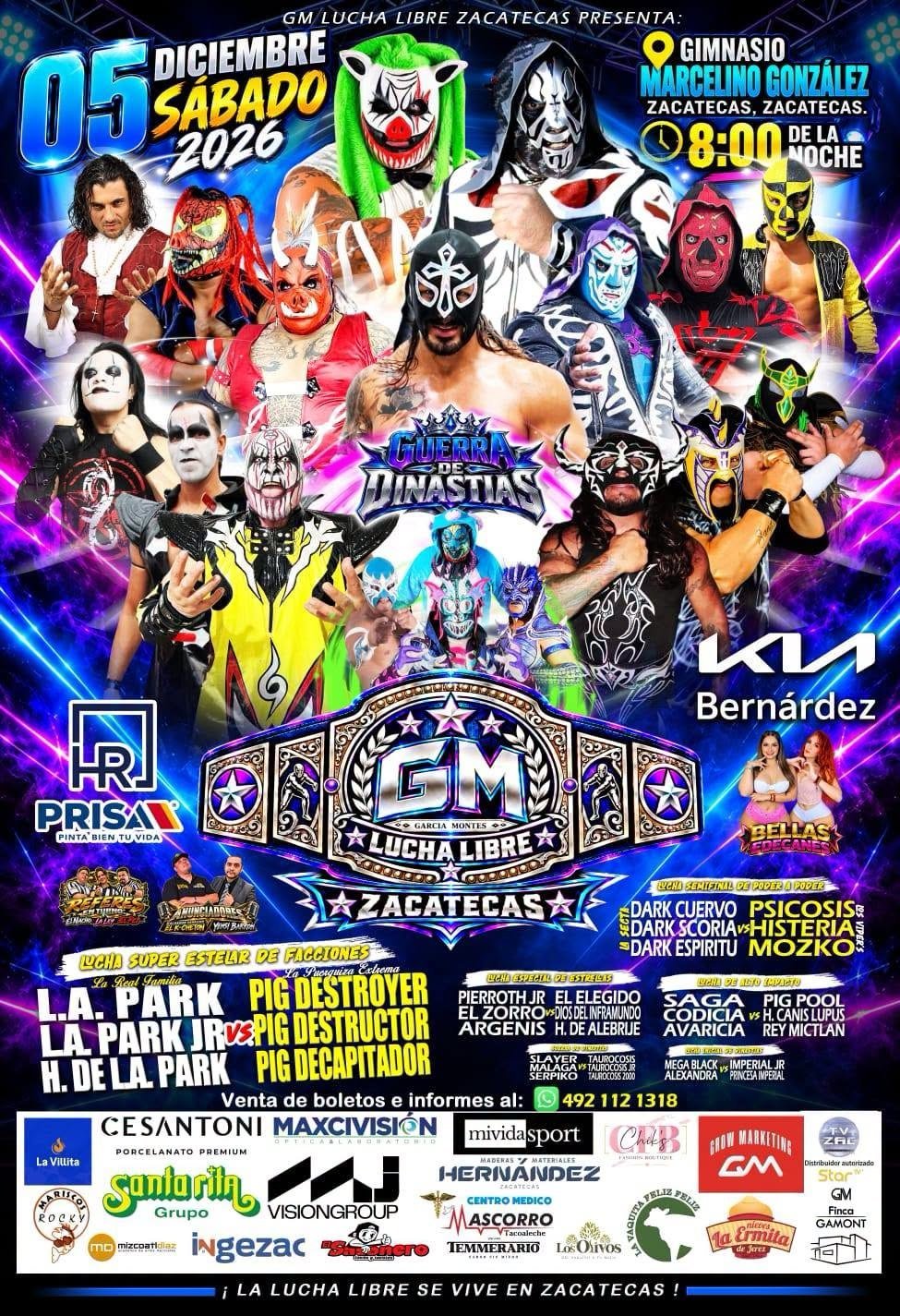 Cartel oficial de Guerra de Dinastías, lucha libre en el Gimnasio Marcelino González de Zacatecas el sábado 5 de diciembre de 2026
