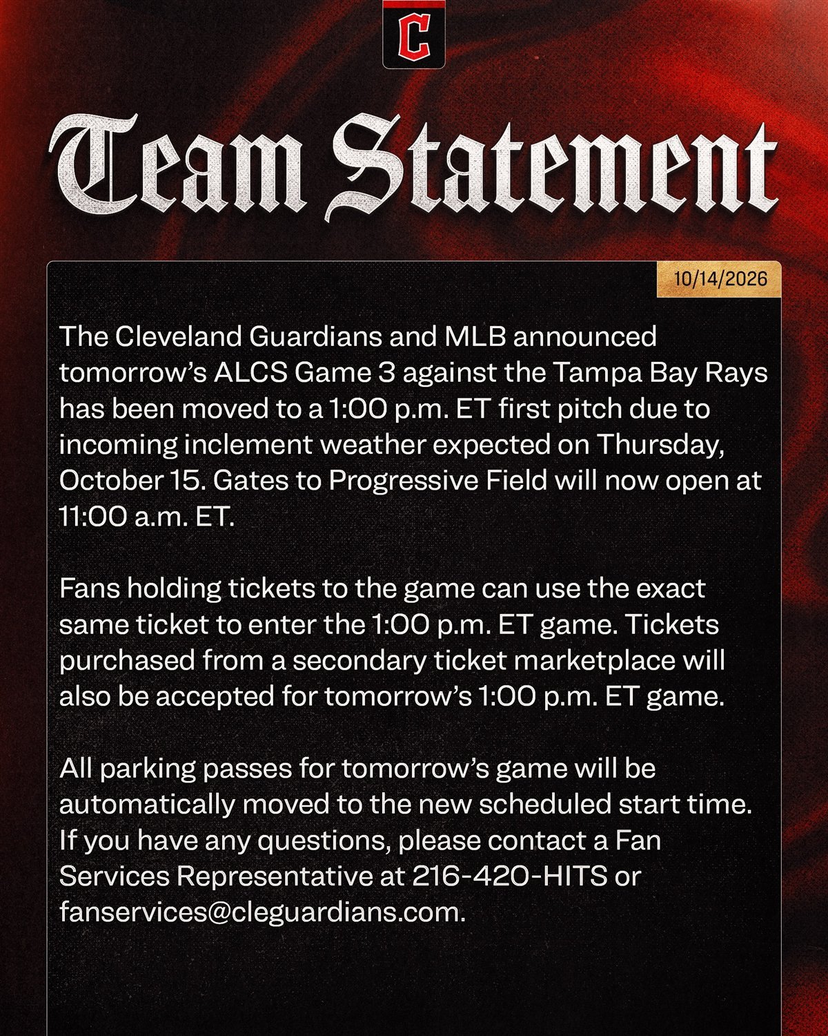Comunicado de los Guardians de Cleveland sobre el cambio de horario del Juego 3 de la ALCS a la 1:00 p. m. ET por mal clima.