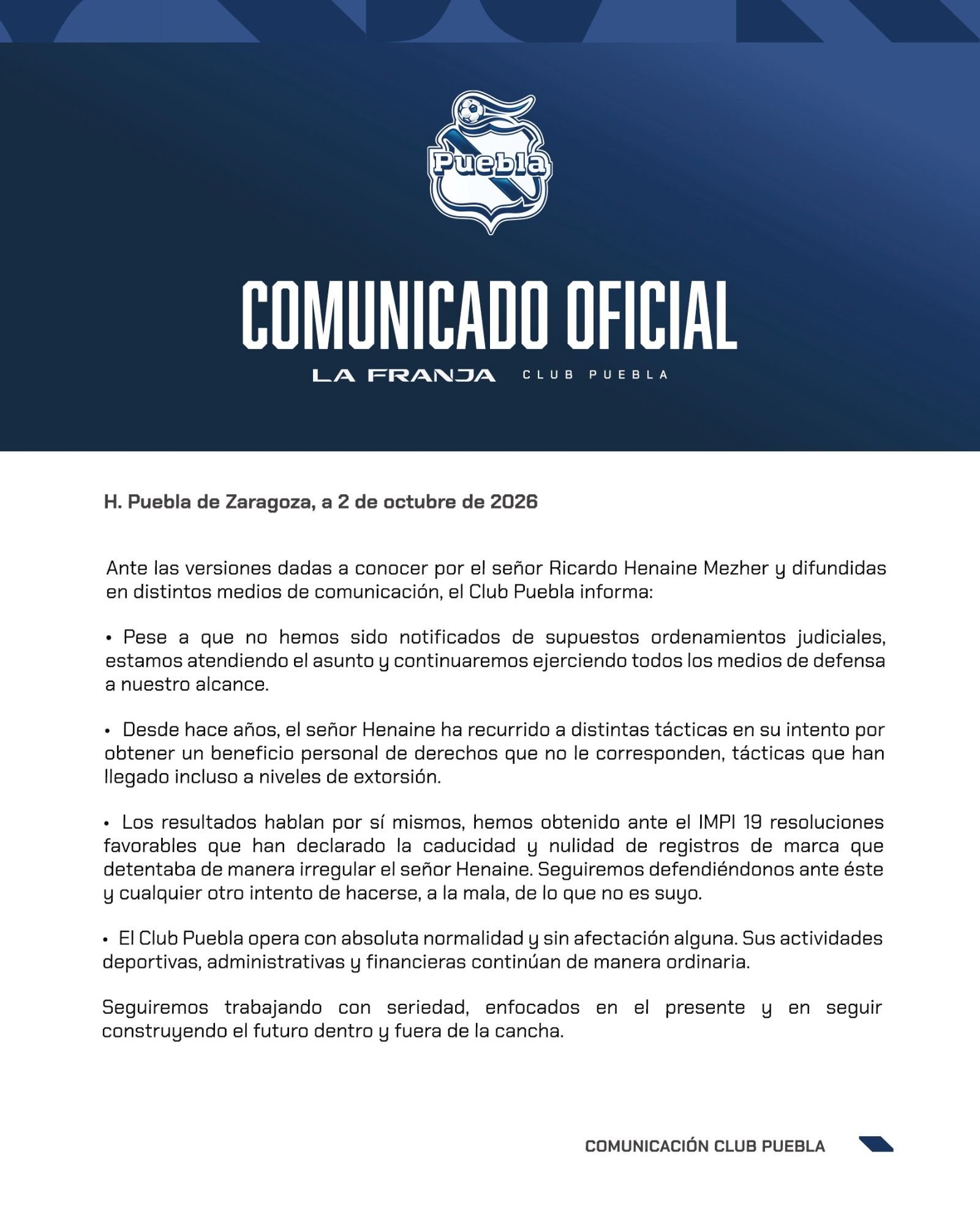 Comunicado oficial del Club Puebla del 2 de octubre de 2026 sobre las versiones de Ricardo Henaine.