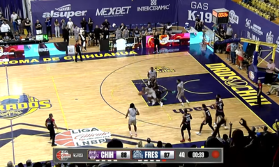 Marcador de la transmisión del Dorados vs Gambusinos, Juego 2 del Play-In de la LNBP: Dorados de Chihuahua 88, Gambusinos de Fresnillo 87, cuarto periodo, con jugadores en la cancha.
