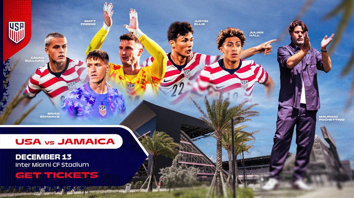 Gráfico del partido Estados Unidos vs Jamaica del 13 de diciembre en el Inter Miami CF Stadium, con jugadores de la selección y el técnico Mauricio Pochettino
