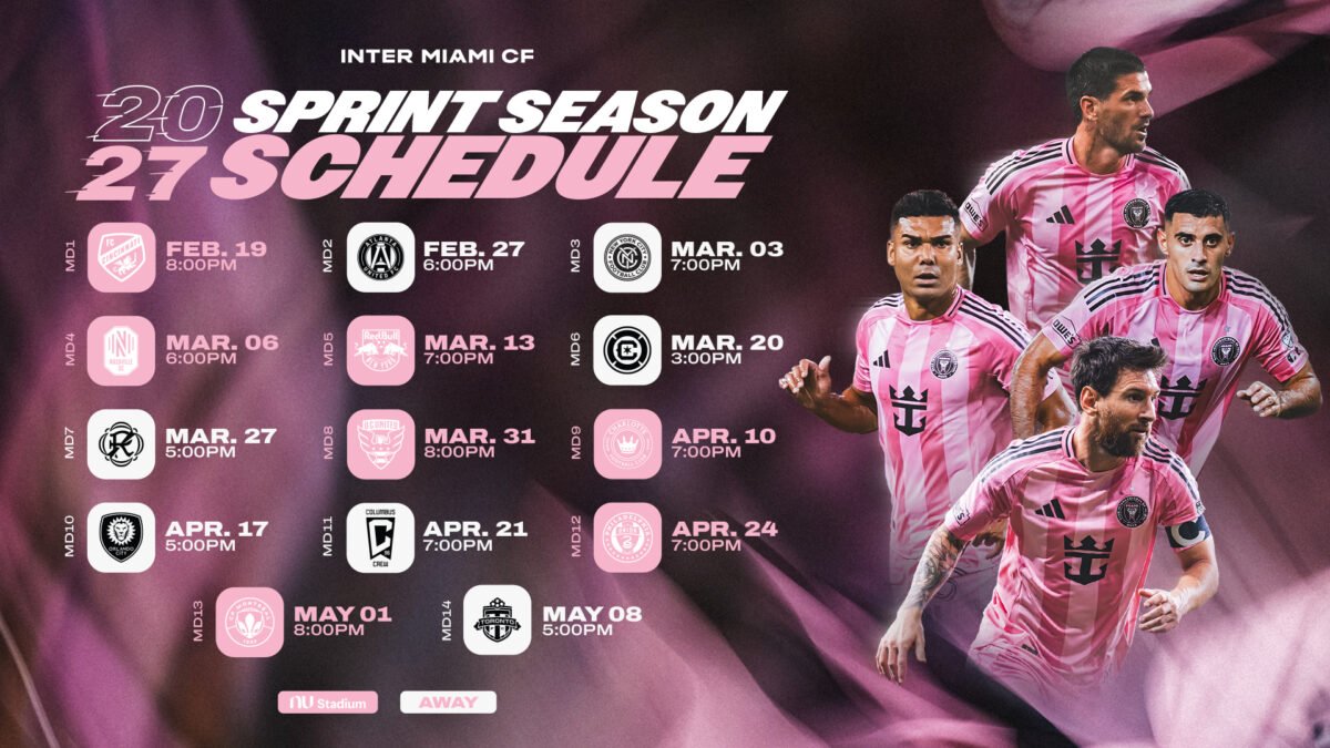 Gráfico oficial del calendario de Inter Miami CF para la Temporada Sprint 2027 de la MLS, con los 14 partidos y jugadores del equipo
