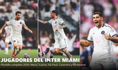 Collage con tres jugadores del Inter Miami con el uniforme blanco: Lionel Messi conduciendo el balón, Rodrigo De Paul señalando tras un gol y Germán Berterame festejando; texto: Jugadores del Inter Miami, plantilla completa 2026.
