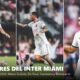 Collage con tres jugadores del Inter Miami con el uniforme blanco: Lionel Messi conduciendo el balón, Rodrigo De Paul señalando tras un gol y Germán Berterame festejando; texto: Jugadores del Inter Miami, plantilla completa 2026.