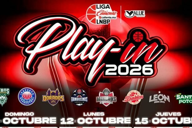 Cartel del Play-In 2026 de la LNBP con los escudos de Lobos, Irapuato, Dorados, Gambusinos, Mineros, Diablos Rojos, León y Santos del Potosí.