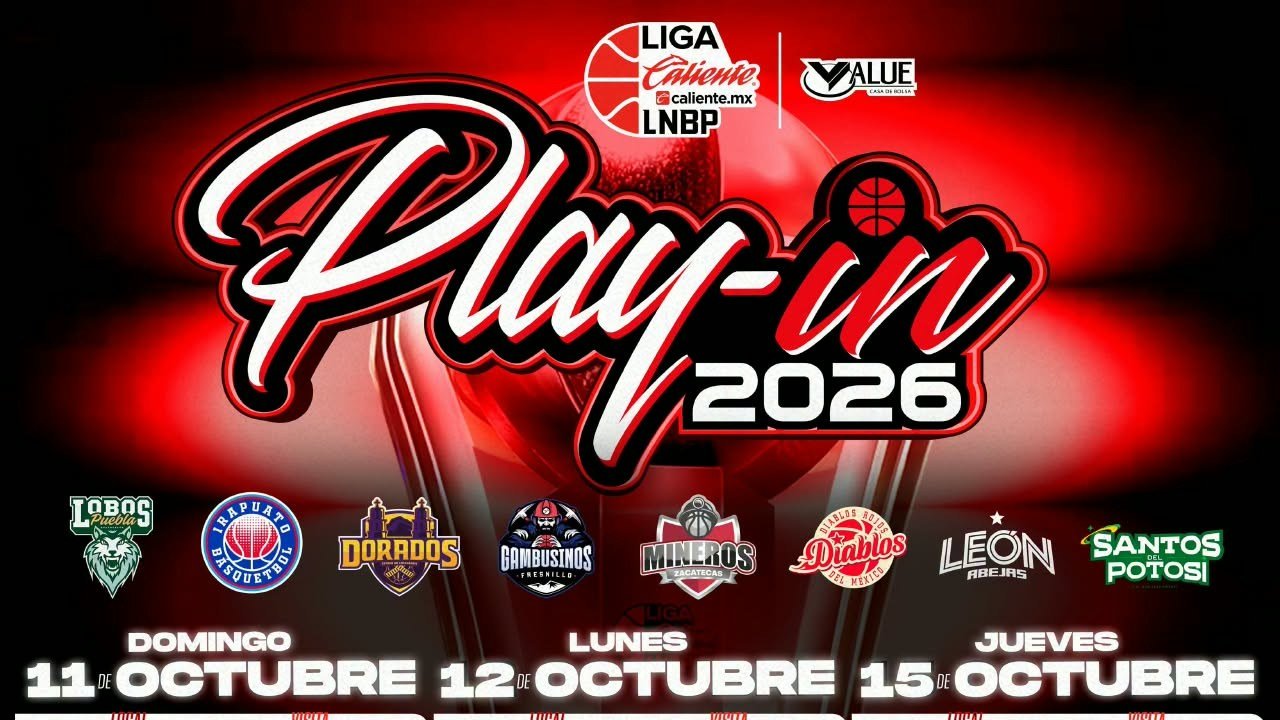 Cartel del Play-In 2026 de la LNBP con los escudos de Lobos, Irapuato, Dorados, Gambusinos, Mineros, Diablos Rojos, León y Santos del Potosí.