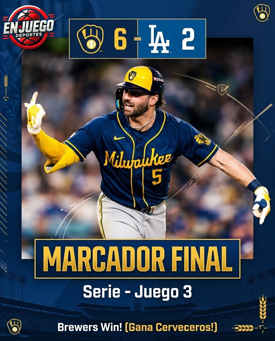 Gráfico de En Juego Deportes con el marcador final del Juego 3 de la NLCS: Cerveceros 6, Dodgers 2, con un jugador de Milwaukee con el número 5 festejando.