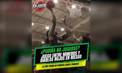 Gráfico de En Juego Deportes: un jugador de Mineros de Zacatecas se eleva a encestar ante la marca de un rival, con el texto «¿Podría no jugarse? Juego entre Mineros y Diablos Rojos en riesgo. La LNBP podría no permitir jugar a Mineros».