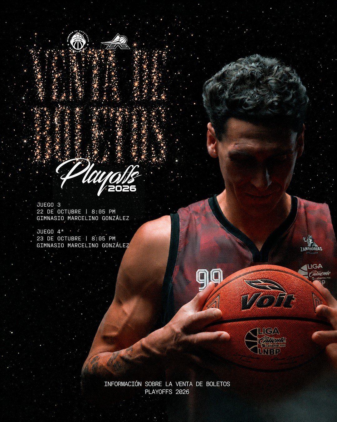 Cartel de Mineros de Zacatecas con la venta de boletos para los playoffs 2026, Juegos 3 y 4 en el Gimnasio Marcelino González