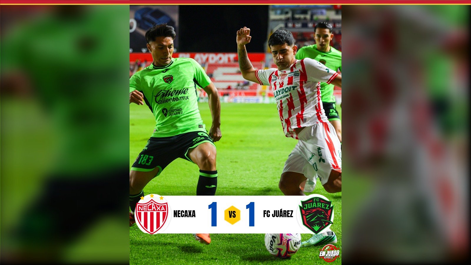 Necaxa 1, FC Juárez 1 en el Estadio Victoria: un jugador de Juárez y otro de Necaxa disputan el balón
