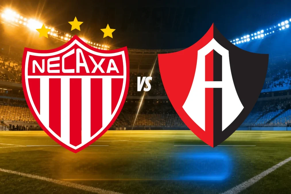 Necaxa vs Atlas: escudos de Necaxa y Atlas con la palabra VS sobre un estadio iluminado, para el partido de la Jornada 12 del Apertura 2026.