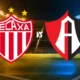 Necaxa vs Atlas: escudos de Necaxa y Atlas con la palabra VS sobre un estadio iluminado, para el partido de la Jornada 12 del Apertura 2026.