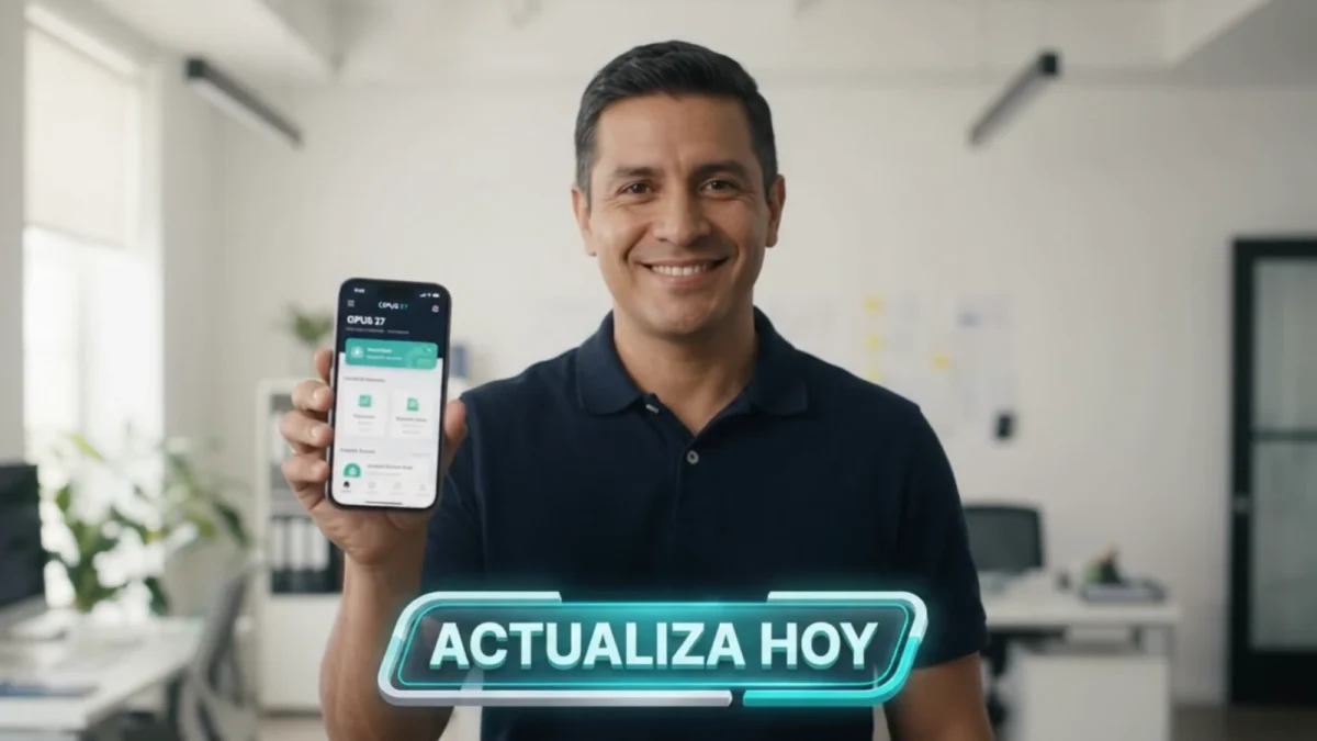 Un hombre sonriente sostiene un teléfono con la aplicación de OPUS 27 en una oficina, con el mensaje Actualiza hoy.
