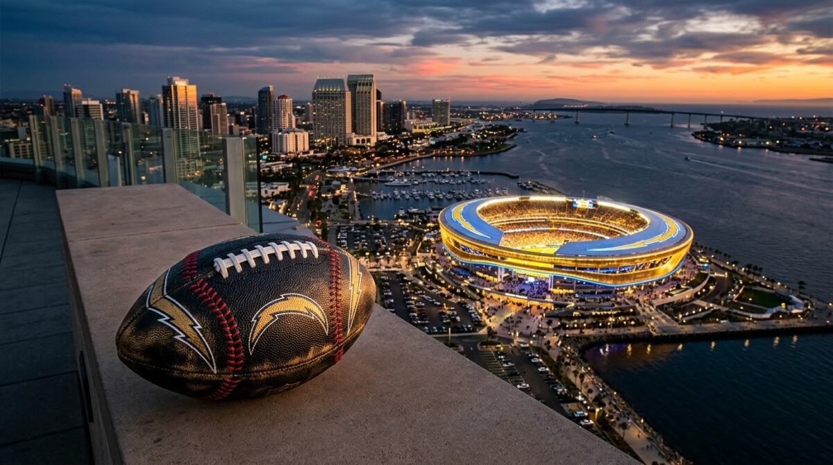 Ilustración conceptual sobre si los dueños de los Padres pueden comprar a los Chargers: un balón con rayos de los Chargers y costuras de béisbol frente a un estadio imaginario en San Diego.