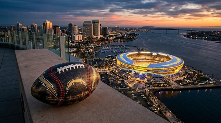Ilustración conceptual sobre si los dueños de los Padres pueden comprar a los Chargers: un balón con rayos de los Chargers y costuras de béisbol frente a un estadio imaginario en San Diego.