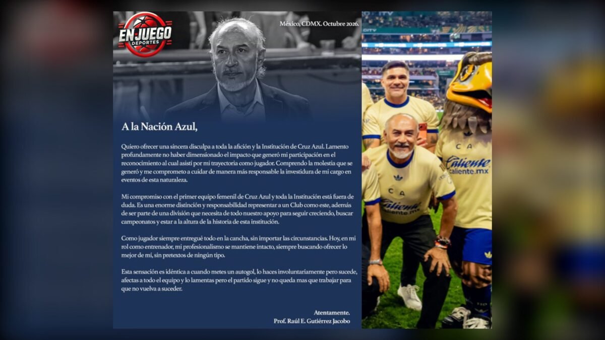 Carta de disculpa de Raúl «Potro» Gutiérrez «A la Nación Azul», junto a una foto suya con la playera del América en el festejo del 110 aniversario.