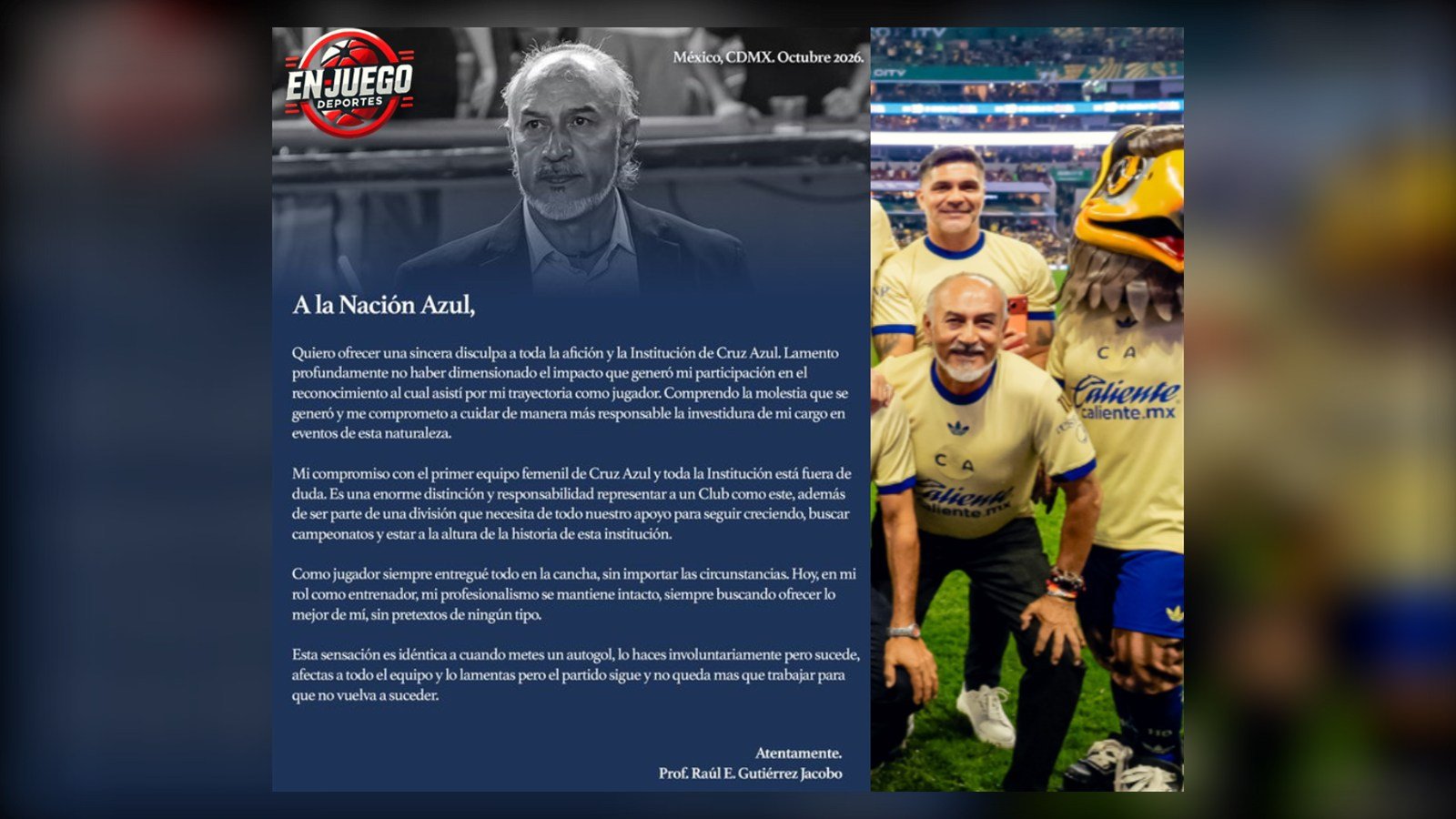 Carta de disculpa de Raúl «Potro» Gutiérrez «A la Nación Azul», junto a una foto suya con la playera del América en el festejo del 110 aniversario.