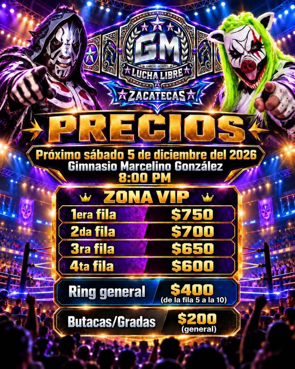 Precios de los boletos de Guerra de Dinastías, lucha libre en Zacatecas el 5 de diciembre de 2026